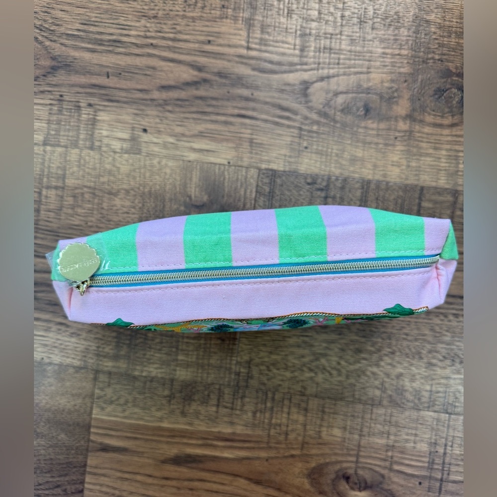 ESTEE LAUDER Recycled Fabric Makeup  Bag Bag Green Pink Striped with Zipper - Picture 6 of 8